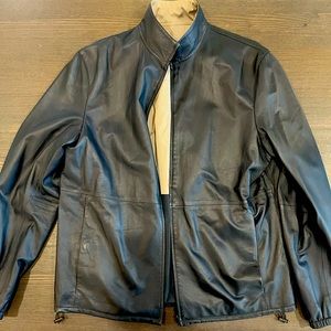 Theory (brand); Large, black, light-weight, authentic leather jacket.